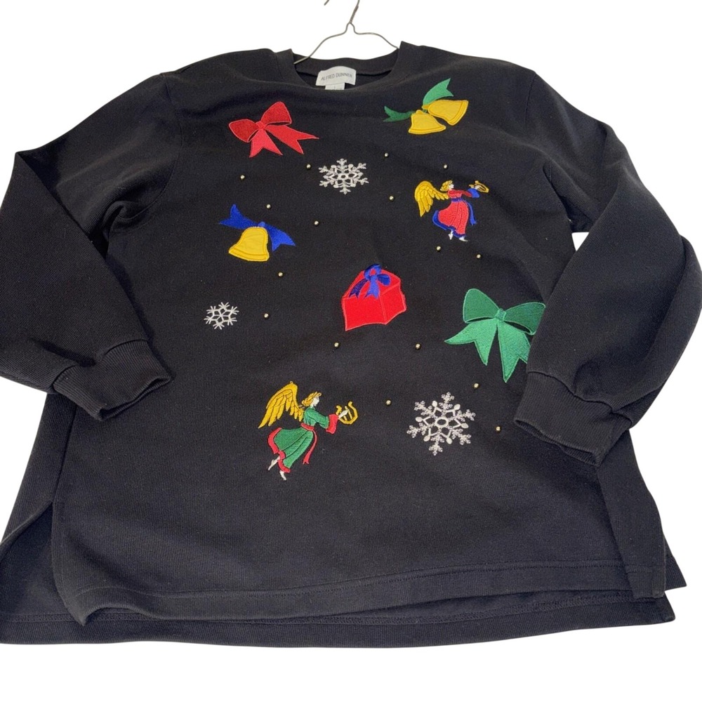Alfred Dunner Christmas Sweatshirt Womens L Black Embroidered Holiday